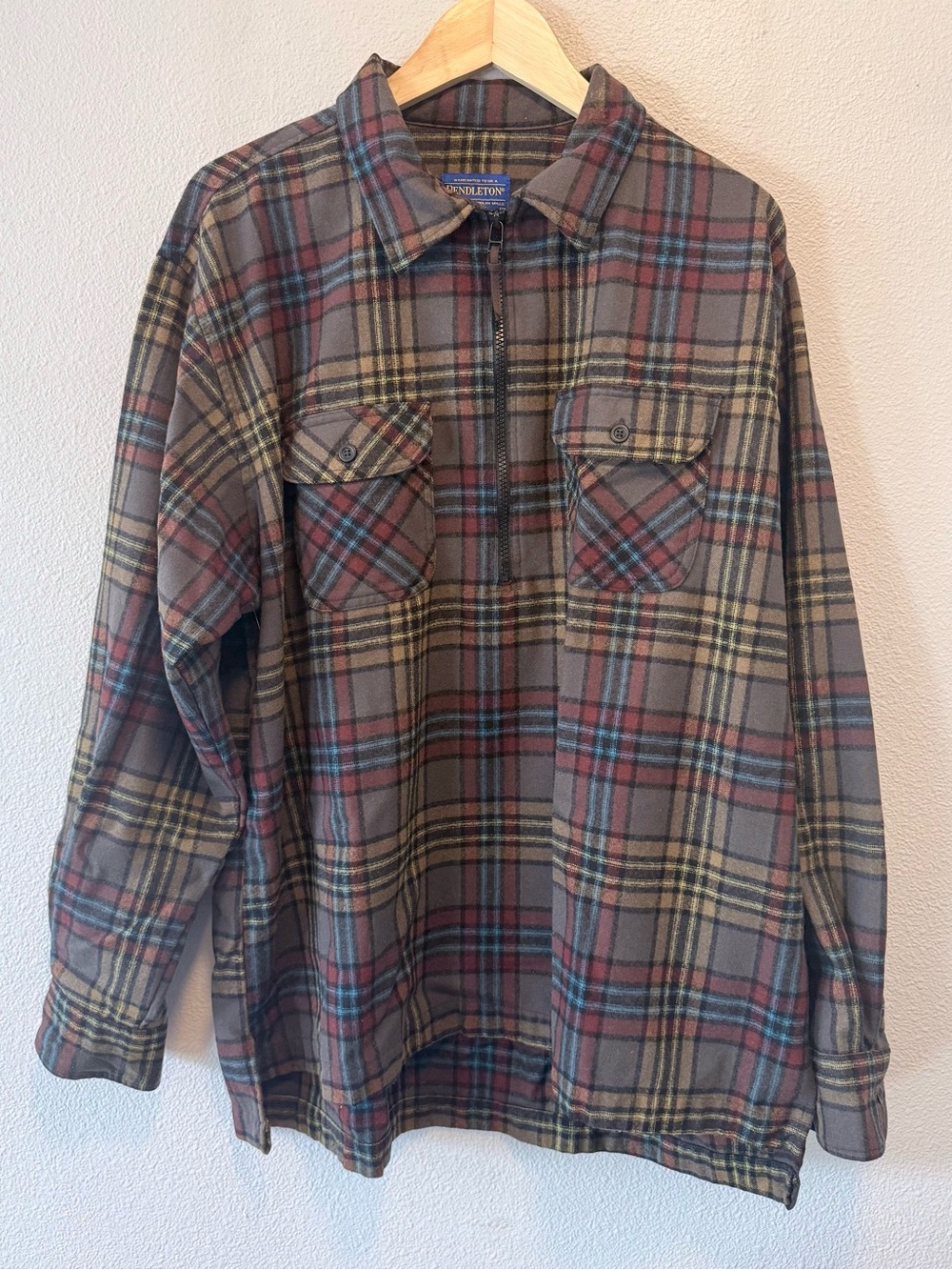 PENDLETON 100% Wool Quarter Zip Plaid Flannel Pullover Shirt Jacket Mens XL
